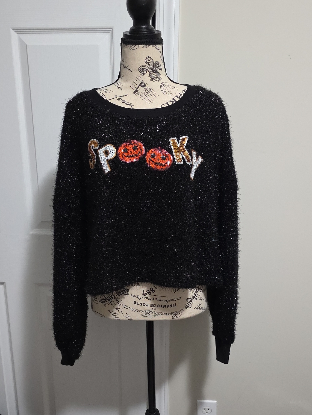 Peach Love California Metallic Fuzzy Crop Sequin Spooky Top Sweater Shirt Medium